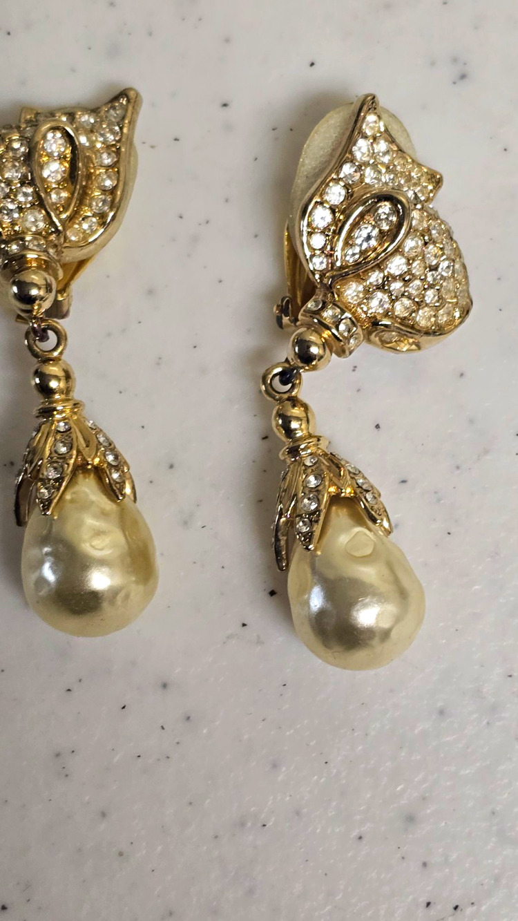 Vintage W. Germany Clip On Earrings, Rhinestone Pave Faux Pearl Dangle 1960s
